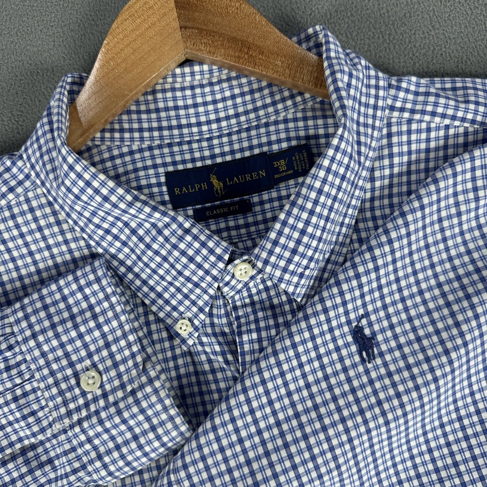 Ralph Lauren Shirt Mens 3XB Blue White Plaid Classic Fit Pony Logo Prep Office